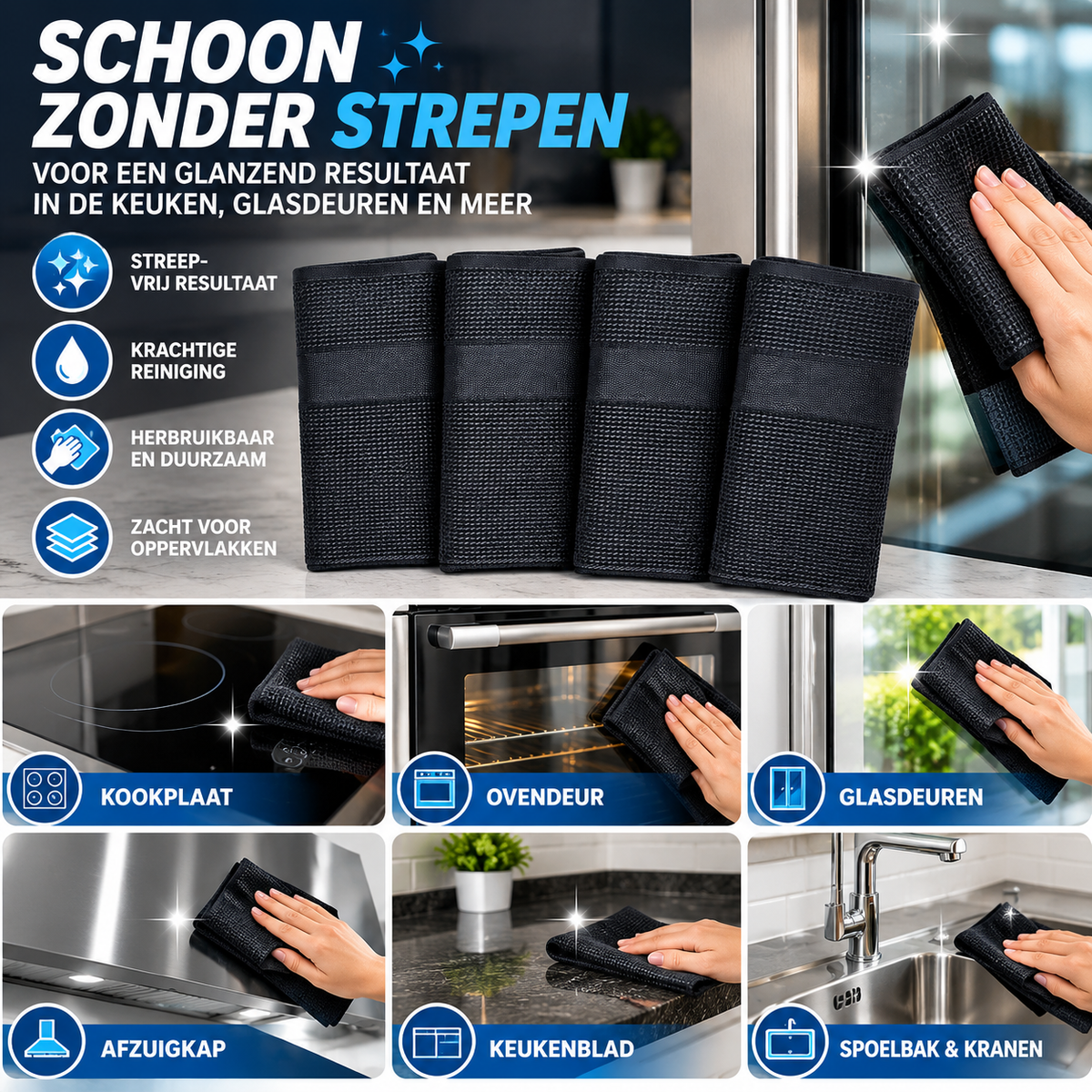 4 stuks Streeploze Microvezel Schoonmaakdoeken – (Dark Pack)